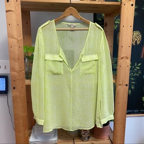 Banana Republic neon yellow animal print sheer button down shirt - Picture 2 of 14